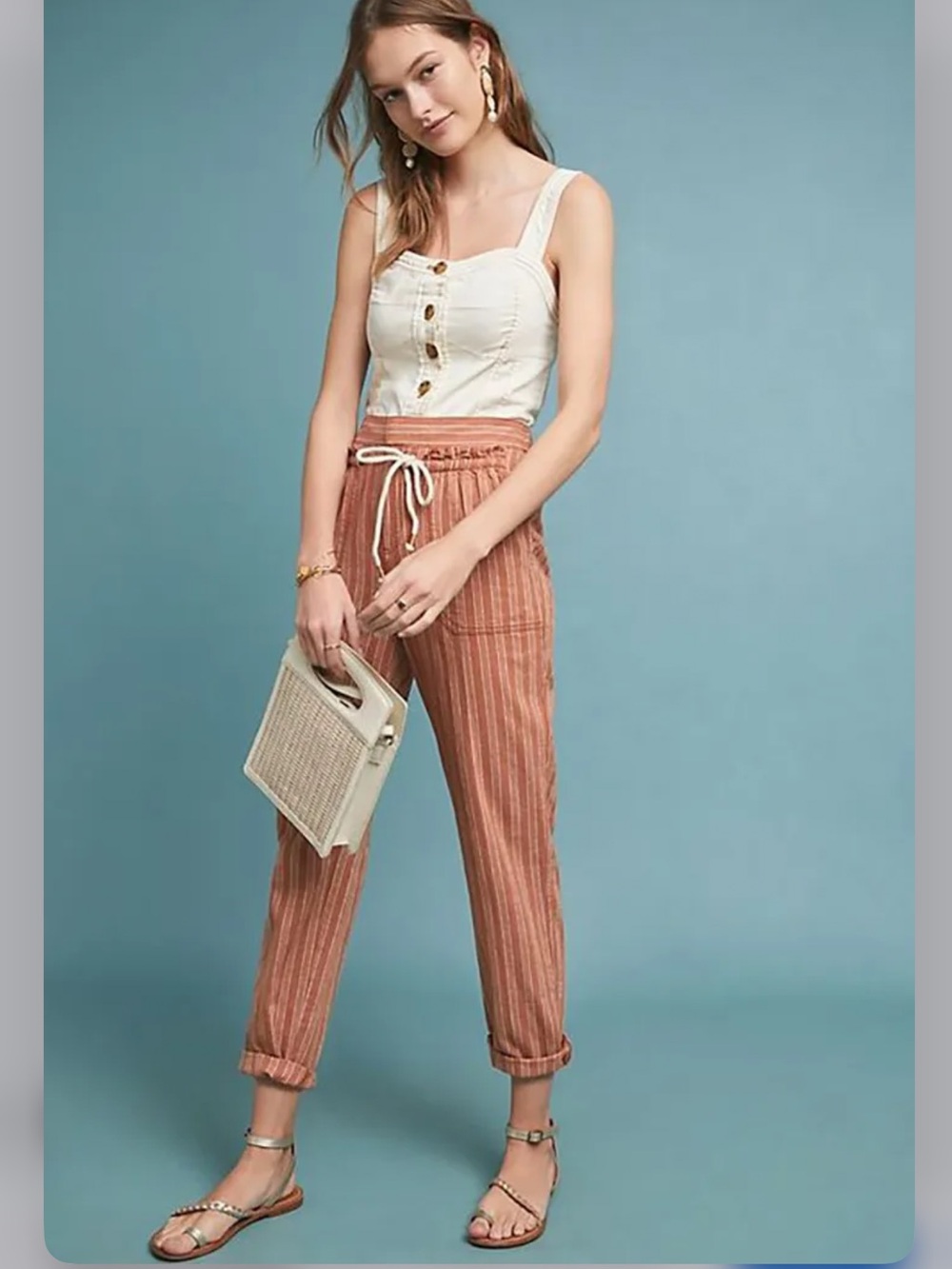 Anthropologie Beach Pants size Small Peach Stripe Linen Blend Drawstring Coast 🌴